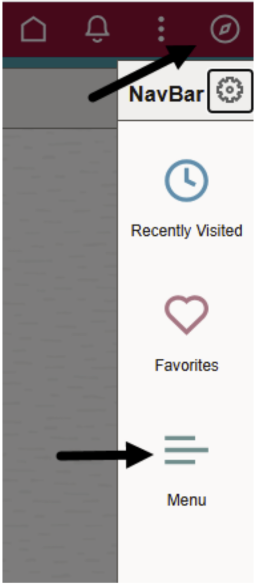 A close-up of a web application's top navigation bar and sidebar. A black arrow points to a vertical ellipsis (three-dot menu) on the top right, which has been clicked to open a sidebar labeled "NavBar." The sidebar contains icons and text for "Recently Visited" (clock icon), "Favorites" (heart icon), and "Menu" (three horizontal lines icon). Another black arrow points to the "Menu" option in the sidebar.